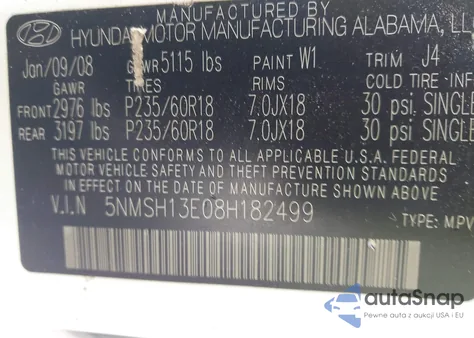 2008 Hyundai Santa Fe Limited/Se from USA, damaged, VIN 5NMSH13E08H182499